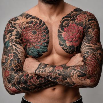 Large Japanese tattoo composition with peonies on chest and arms