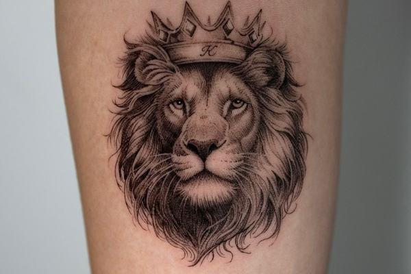 Crowned lion tattoo design on leg