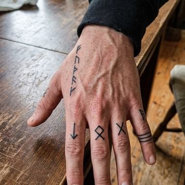 Mažos juodo rašalo tatuiruotės ant plaštakos ir pirštų: vertikalūs runų ženklai, rodyklė ant smiliaus, geometriniai simboliai ir trijų linijų žiedas ant bevardžio—minimalistinio blackwork stiliaus pavyzdys matomoje vietoje.