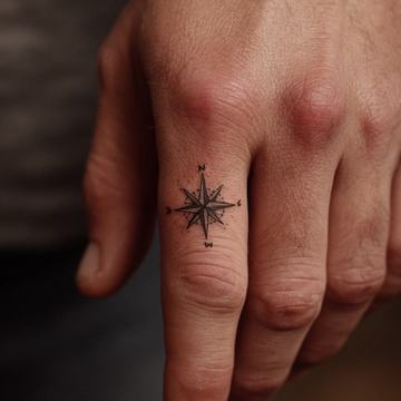 Maža juodo rašalo kompaso rožės tatuiruotė ant piršto, su N/E/S/W raidėmis—minimalistinis blackwork pavyzdys matomoje vietoje.