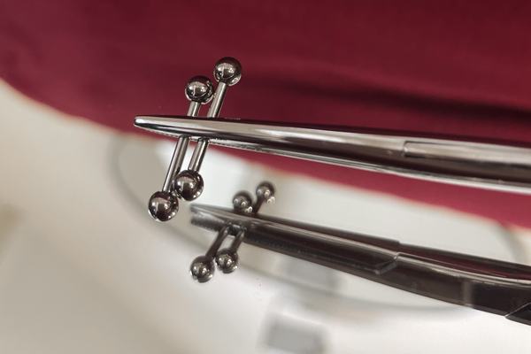 Metal piercing barbells held with forceps against a red background