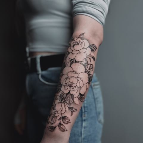 A refined floral forearm tattoo with layered blossoms, delicate linework, and soft shading that gives the design a natural, elegant flow.