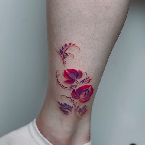 A delicate ankle tattoo with vibrant pink and purple flowers, fine botanical details, and a light, graceful arrangement.