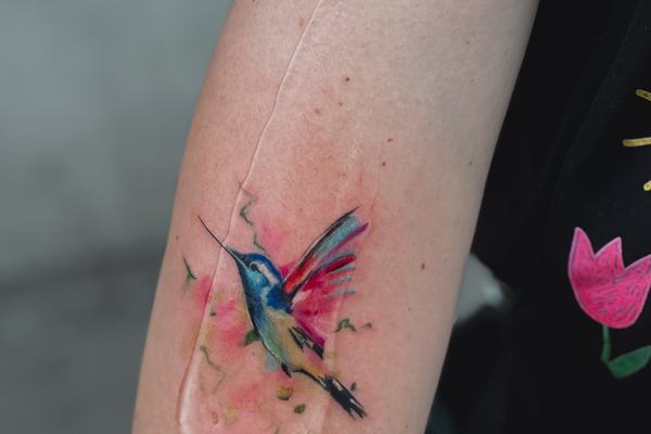 Spalvoto kolibrio tatuiruotė ant rankos