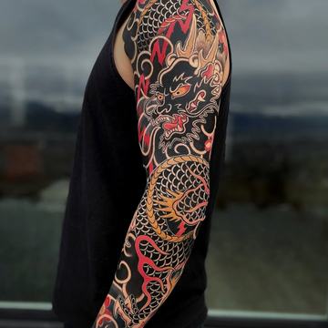 Dragon sleeve tattoo in Japanese style