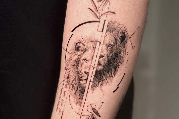 Lion tattoo with geometric lines and fine details